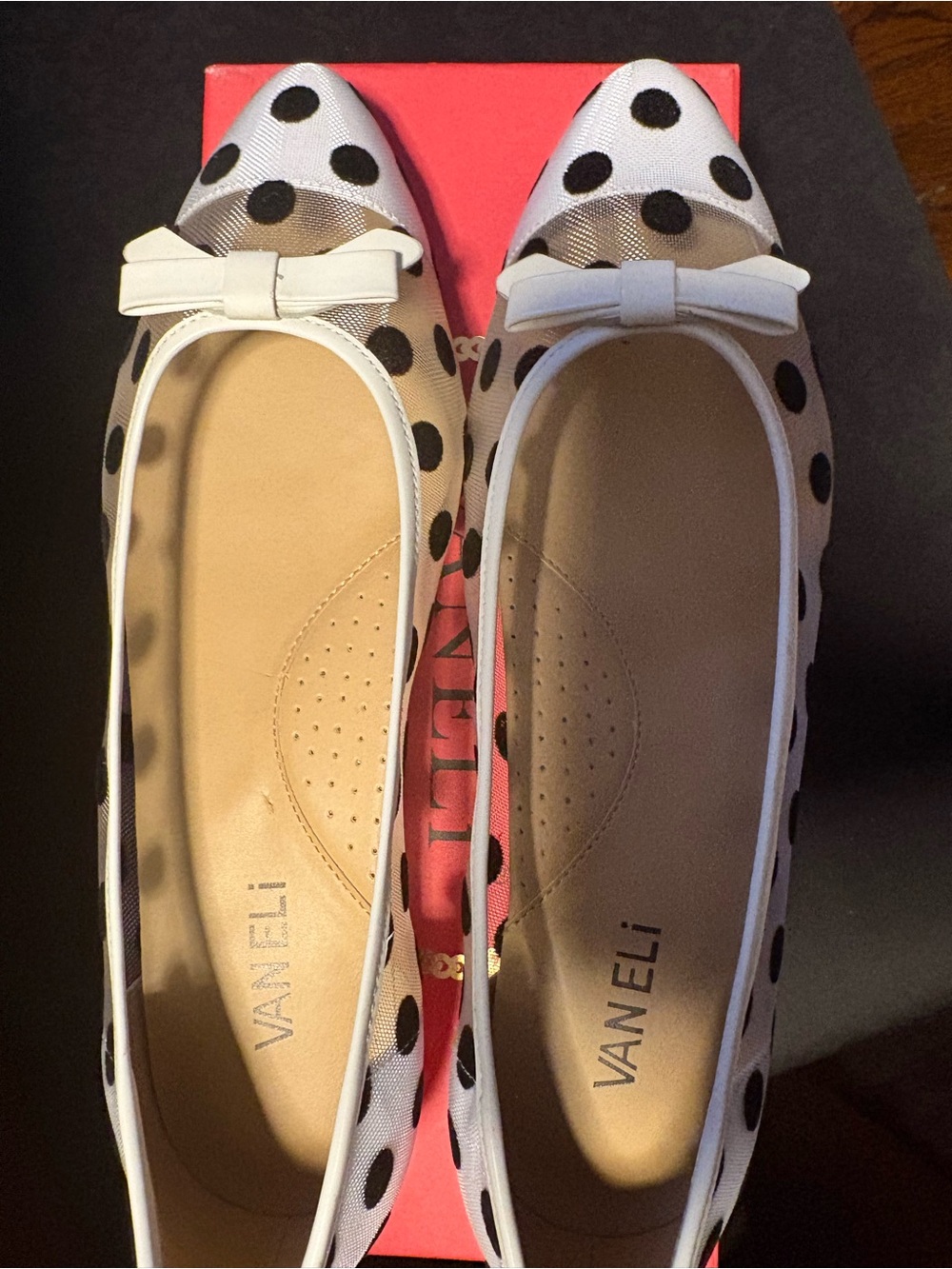 Vaneli White and Black Polka Dot Pointed-Toe Ballet Flats with Bow